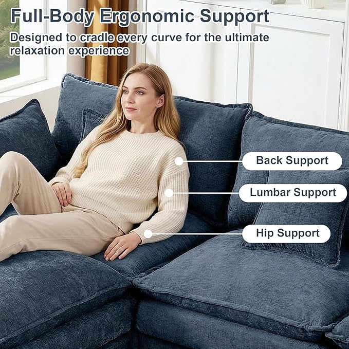 102" Cloud Couch Sectional, Modular Sectional Sofa with Chaise & 4 Removable Washable Pillows, Oversized L-Shaped Couch for Living Room, Modern 3-Seat Cloud Sofa Sectional with Deep Seat, Blue