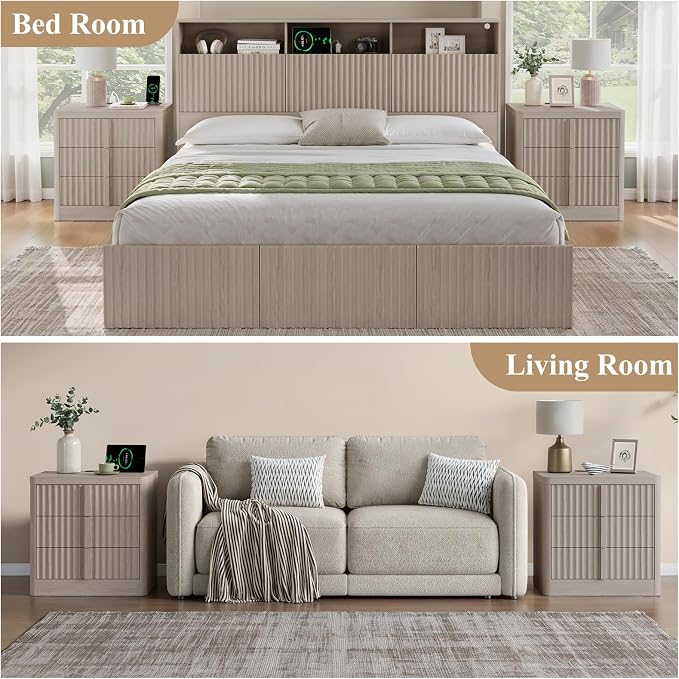 Fluted Nightstand Set of 2 with Charging Station, 23.6" Wood End Table with Solid Wood Handle, Mid Century Moden Bedside Table 3 Drawer Dresser for Bedroom, Living Room, White Alder - Image 4