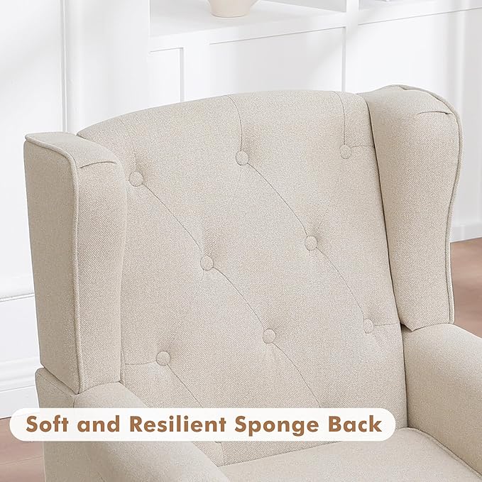 Accent Chair Set of 2, Mid Century Modern Fabric Wingback Chair, Upholstered Armchair with High Back and Vintage Legs, Comfy Single Sofa Side Reading Chair for Living Room Bedroom, Khaki