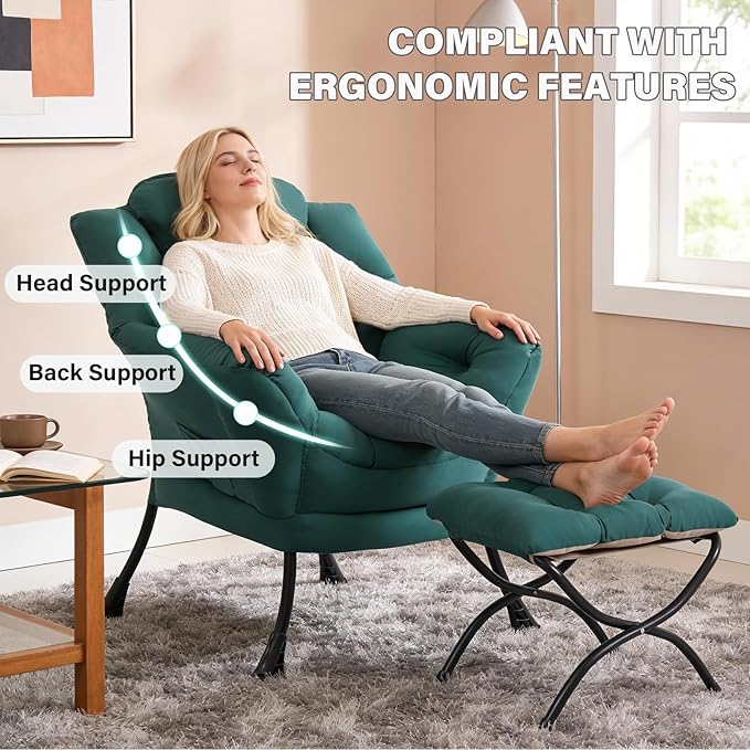 MBOOYOME Lazy Chair with Folding Ottoman, Modern Accent Armchair with Armrests and a Side Pocket & Foldable Footstool, Reading Chair for Living Room, Bedroom, Dorm & Office, Dark Green