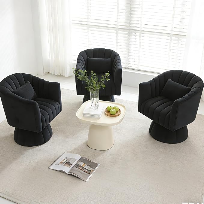 ClinQ Swivel Barrel Chair with Pillow Set of 3, 360° Cloud Velvet Round Swivel Accent Chair, Upholstered Cuddle Reading Lounge Chair for the Living Room, Bedroom, and Office, Black-Vertical Stripes
