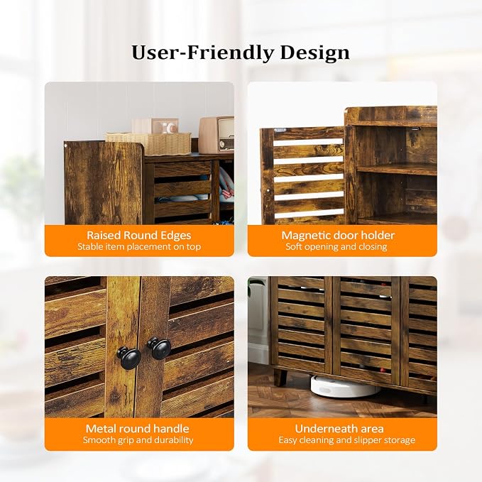 VINGLI Large Shoe Cabinet with 3 Doors 6-Tier Ultra Wide Shoe Cabinet Storage for Entryway 30 Pairs Tall Shoe Organizer Cabinet Wooden Farmhouse Shoe Rack Cabinet Rustic Brown - Image 6