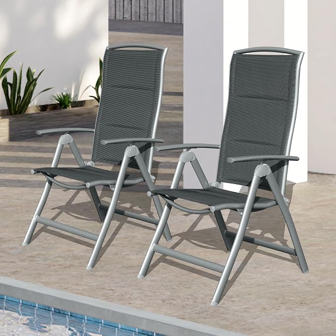 Domi Patio Folding Chairs Set of 2, Aluminium Frame Outdoor Reclining Patio Chairs for Garden Camping Poolside Beach Deck, Adjustable High Back Lawn Chairs with Soft Cotton-Padded Seat, Dark Gray by domioutdoorliving
