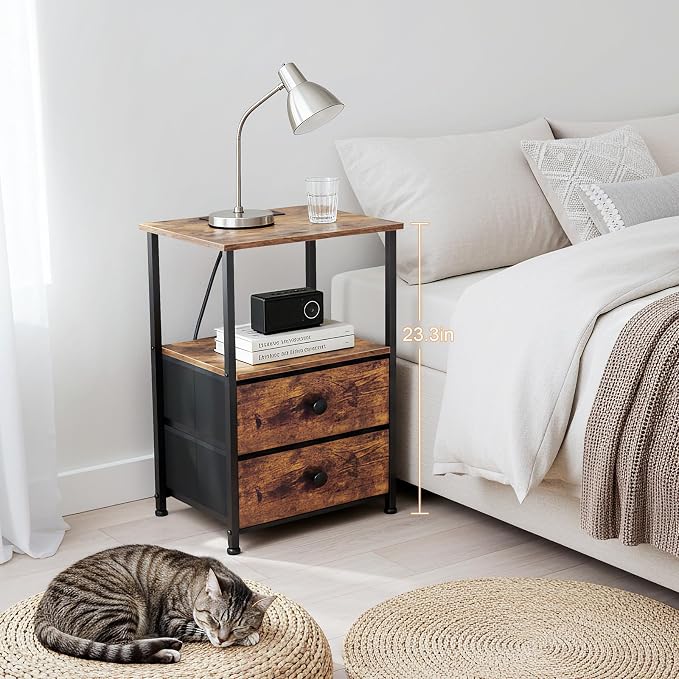 LOAKEKEL Night Stand Set 2, Nightstand with Charging Station, End Tables with Storage Shelf for Small Spaces, Bedside Table Side Tables with 2 Fabric Drawers for Bedroom, Rustic Brown, HETS020PBR - Image 2