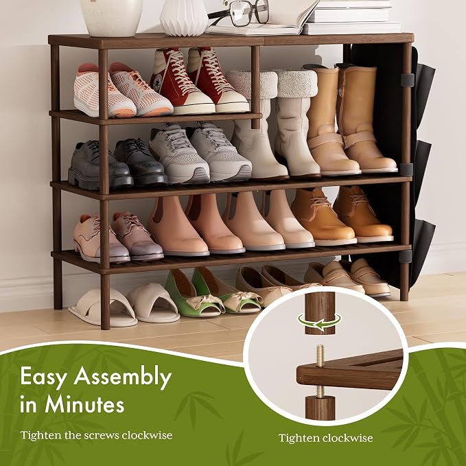 Bamboo Shoe Rack, 4 Tiers Shoe Organizer for Closet, Shoes Storage for 20-24 Pairs, Freestanding Shoe Shelf with Removable Pocket for Entryway Bedroom Front Door Dorm, Walnut Brown - Image 3