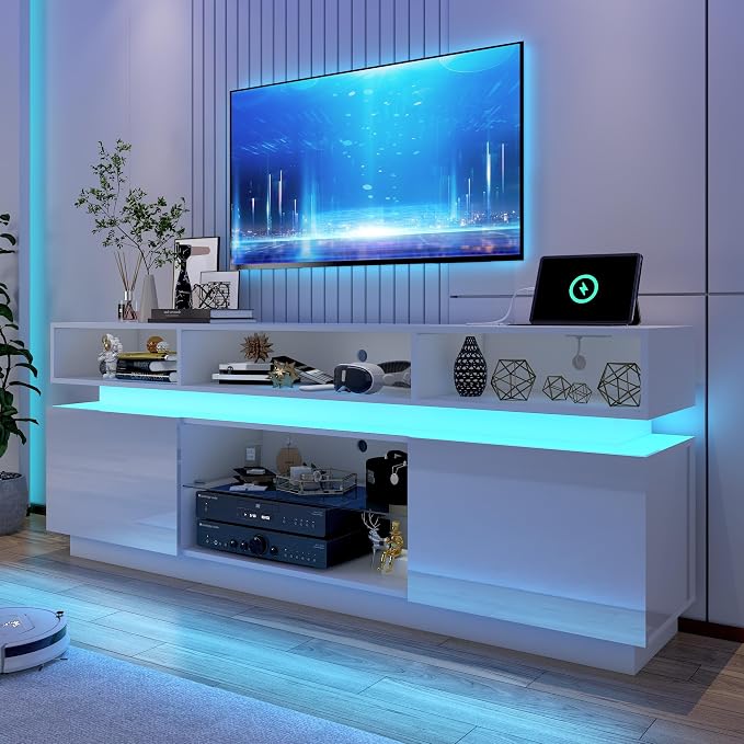 chartustriable LED TV Stand for 80 Inch TV, Modern Tall Entertainment Center with Power Outlets, High Gloss TV Stand, Gaming TV Media Console with Glass Shelf for Living Room, 71 Inch, White by chartustriable