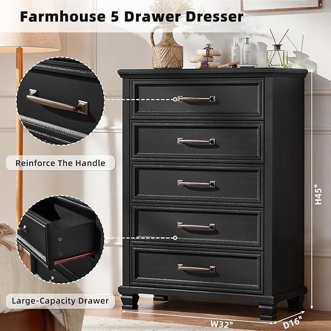 SAVOR LIFE Farmhouse Bedroom Dresser and Nightstand Sets 4 Piece, 5/6 Drawer Dresser & 2 Drawer Nightstand Set for Home, Bedroom, Hallway, Black
