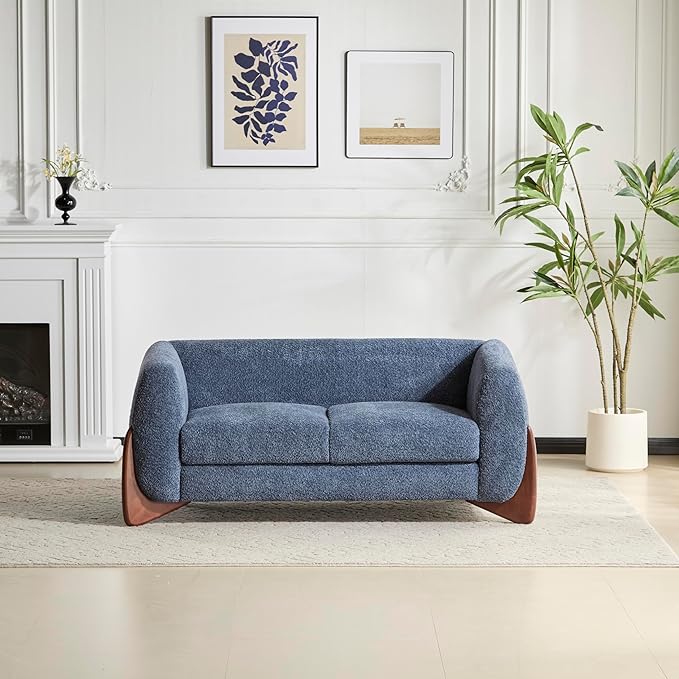 Merax 63 Inch Modern Boucle Upholstered 2-Seater Sofa, Chenille Fabric Loveseat with Solid Wood Legs, Low Profile Small Couch for Living Room, Navy Blue