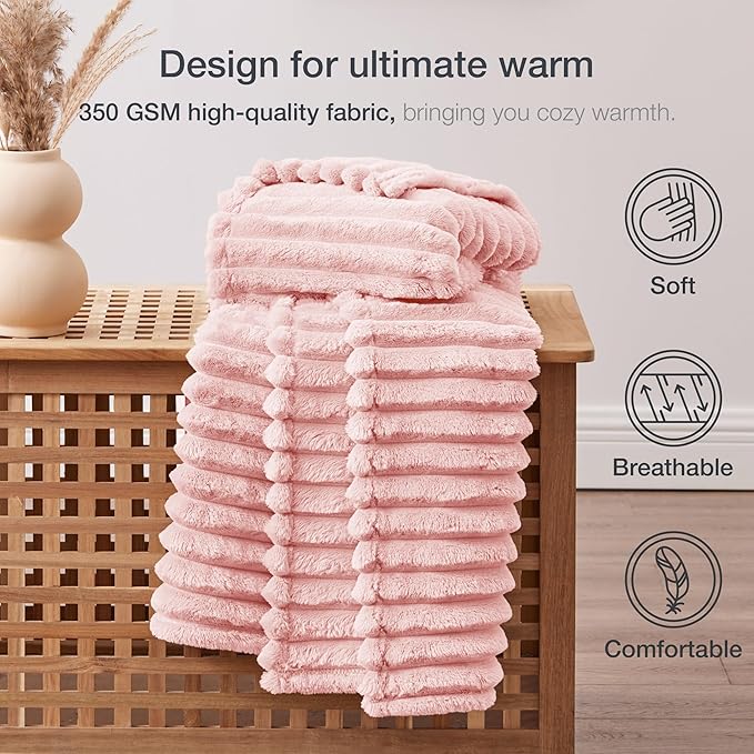 EXQ Home Fleece Throw Blanket for Couch or Bed - 3D Stripe Jacquard Decorative Blankets - Cozy Soft Lightweight Fuzzy Flannel Blanket Suitable for All Seasons(50"??60",Pink)