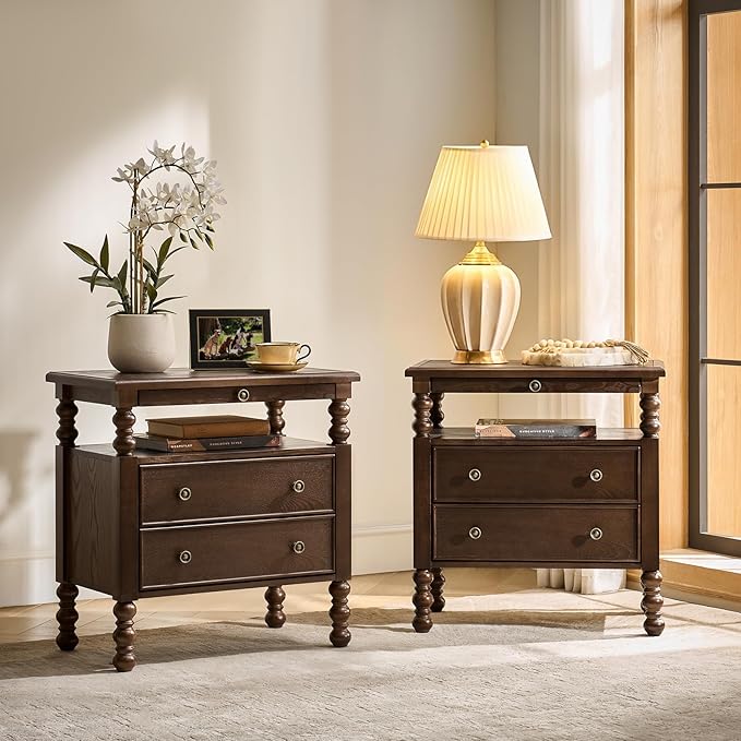 HULALA HOME 26" End Tables Set of 2 with Charging Station, Transitional 2 Drawer Wood Endtables with Pull-Out Shelf and Open Storage Space, Large Side Tables with Solid Wood Spindle Legs, Walnut - Image 7