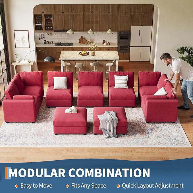 GAOMON Oversized Modular Sectional Sofa, 9 Seater Sectional Couch, 172" U Shaped Sofa with Movable Ottoman, Convertible Modular Couch for Living Room Apartment and Office, Chenille Red