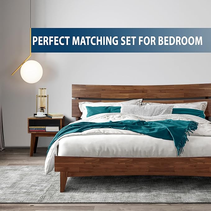 Acacia Aurora Queen Solid Wood Bed Frame with Headboard – Gift Matching Nightstand Included, Mid-Century Modern Farmhouse, Walnut Finish, 800 lbs Capacity, Sturdy, No Box Spring, Easy Assembly