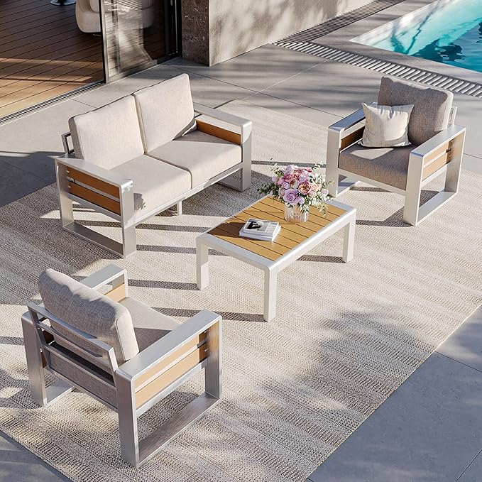 Aoxun Aluminum Outdoor Patio Furniture Set, 3 Seats Metal Sectional Patio Furniture, Modern Outside Sectional Set for Backyard, 3-Seat Sofa ×1, Silver & Beige