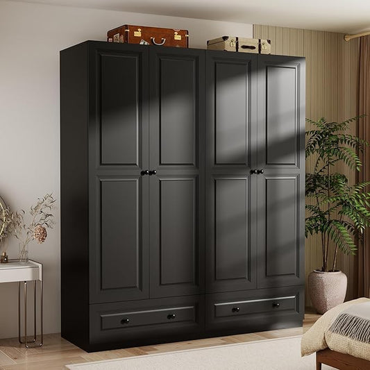 Armoire Wardrobe Closet with Drawers: 74" Black Wardrobe Close with 4 Doors and 2 Drawers, Tall Armoire with Hanging Rod, Large Wooden Clothes Cabinet for Bedroom (Black, 63")
