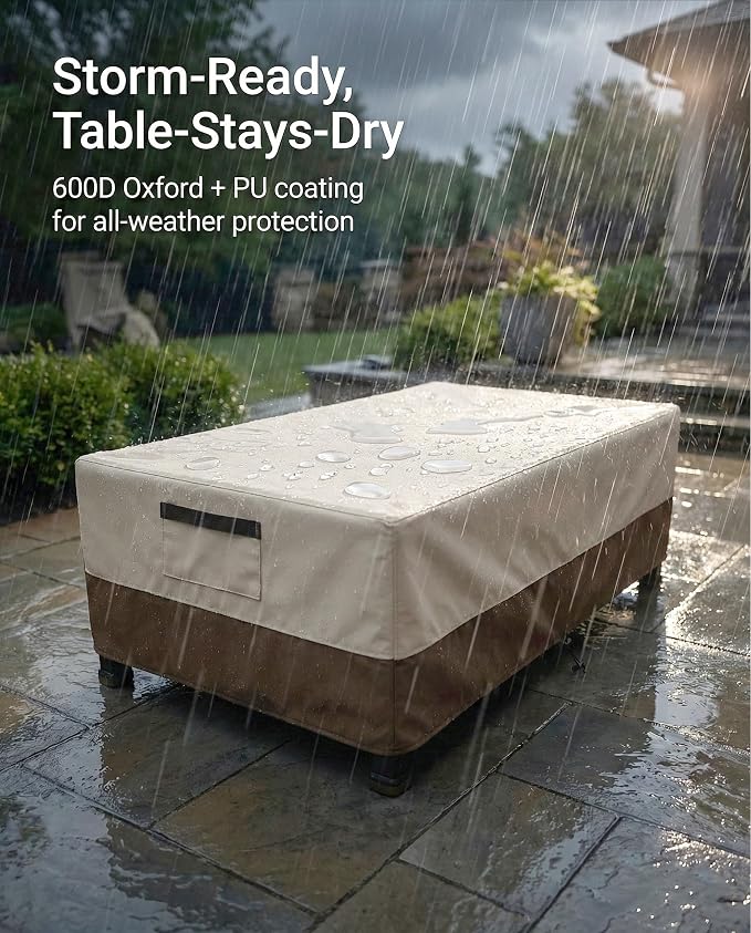 Waterproof Patio Coffee Table Cover, 600D Heavy Duty Outdoor Furniture Covers, Weather & UV Resistant, Windproof with Buckles, Rectangular Table Cover for Backyard Patio 36 x 24 x 16 in, Beige & Brown - Image 4