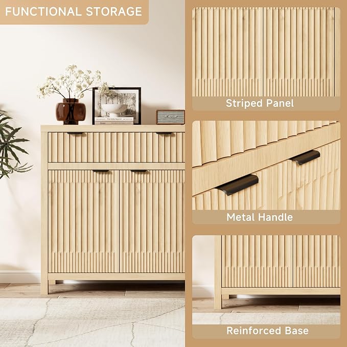 Fatmok Fluted Buffet Cabinet with Storage, 34" Tall Modern Arched Sideboard Cabinet w/AdjustableShelves,Wooden Modular Coffee Bar for Dining Room, Kitchen, Living Room, Entryway, Natural - Image 4