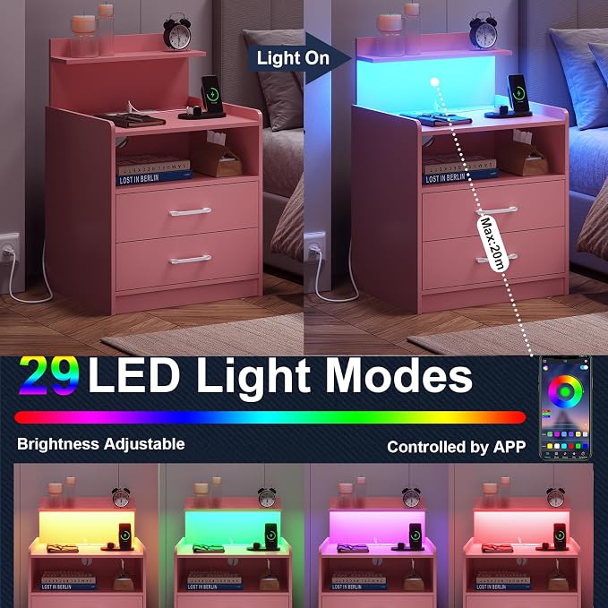 Nightstand Set of 2 with Charging Station and LED Lights, Bedside Table with 2 Drawers and Open Storage Shelf, 2 USB Ports and 2 AC Outlets, LED Night Stands for Bedroom Set of 2, Pink - Image 4