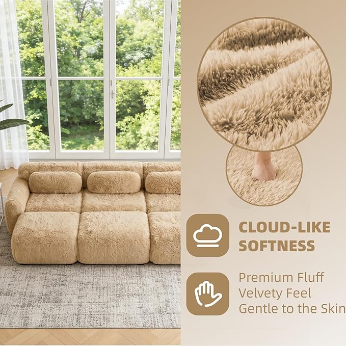 114.7" Sectional Sofa Bed, 6-Seater Modular Sleeper Boneless Couch with Movable Ottoman, Plush Convertible Sofa Set Deep Seat Couches for Living Room, Bedroom and Apartment, Light Khaki