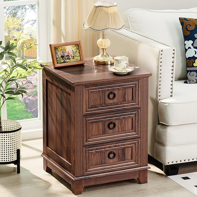 Joaxswe Farmhouse Nightstand Set of 2, 18 Inch End Table with 3 Drawer Metal Handle, Dresser for Bedroom, Sofa Bed Side Table Chest of Drawers,Wood Night Stand Cabinet for Organizer, Living Room-Brown - Image 7