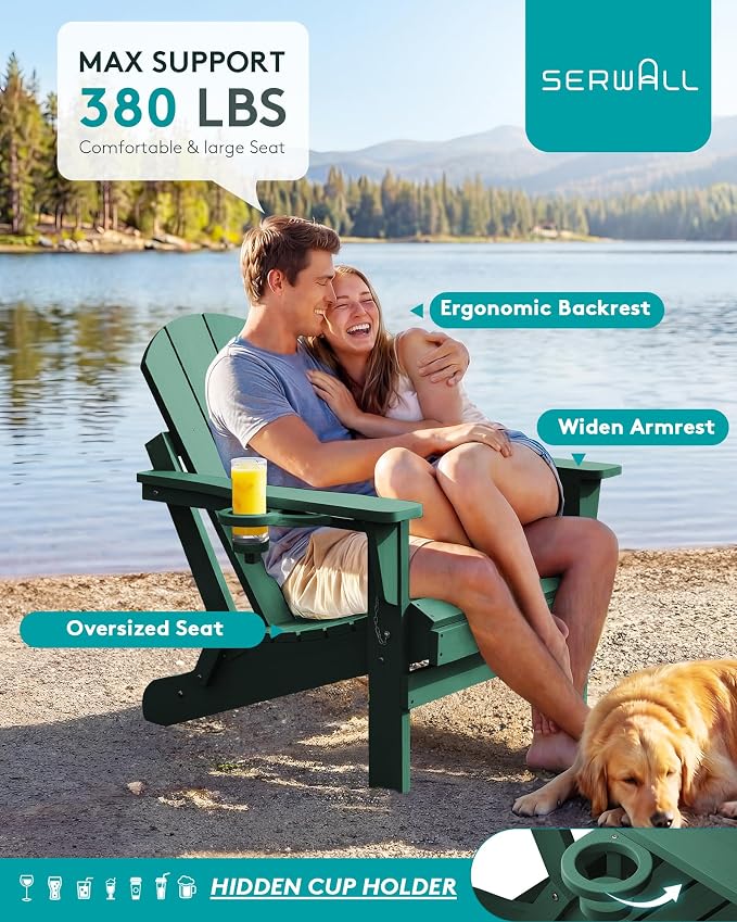 SERWALL Folding Adirondack Chair Set of 6, Painted Adirondack Chair with Cup Holder, Weather Resistant for Patio Deck Garden, Fire Pit & Lawn Furniture Porch - Green - Image 8