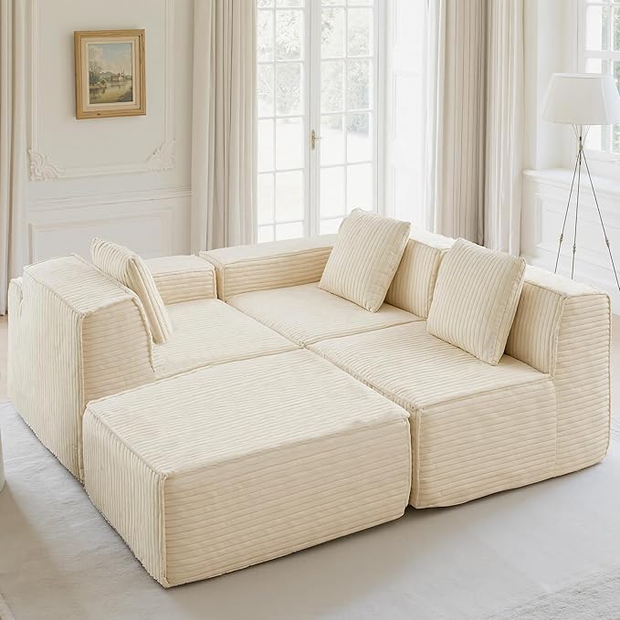 L-Shaped Corner Corduroy Sectional Sofa 4 Seat Modular Boneless Sofa Foam Cloud Couch with Movable Ottoman and Toss Pillows,Modern Deep Seat Convertible Chaise Sofa
