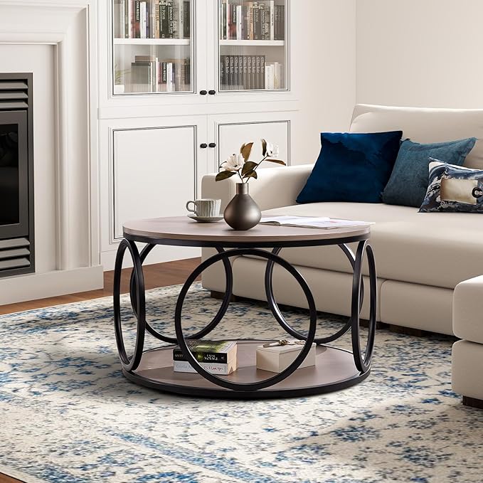 BECHAEO 31.5" Round Coffee Table with Storage - 2 Tier Vintage Coffee Table for Living Room, Industrial Design Wood Top & Metal Legs, Modern Accent Cocktail Tables for Home Office