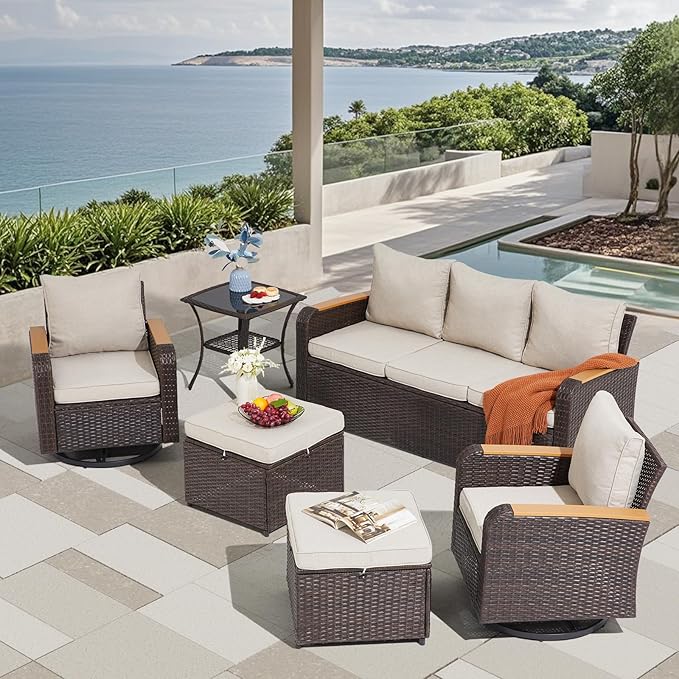 6 Pieces Wicker Patio Furniture Sets, Patio Conversation Set PE Rattan Sectional Sofa with Swivel Chairs Ideal for Indoor Porch Deck Bistro Lawn Garden Backyard Poolside-Khaki