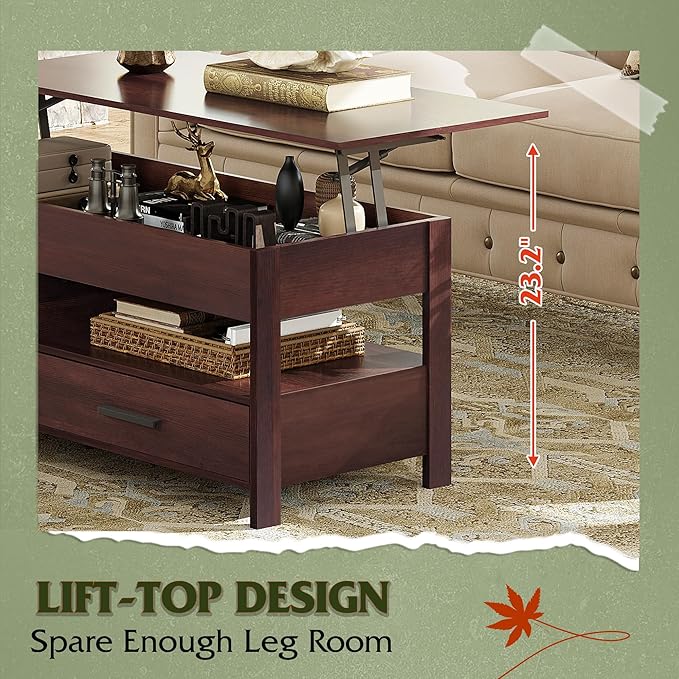 WLIVE Coffee Table, 39" Lift Top Coffee Table with Hidden Compartment, Storage Drawers and Storage Shelf for Living Room, Reception Room, Espresso