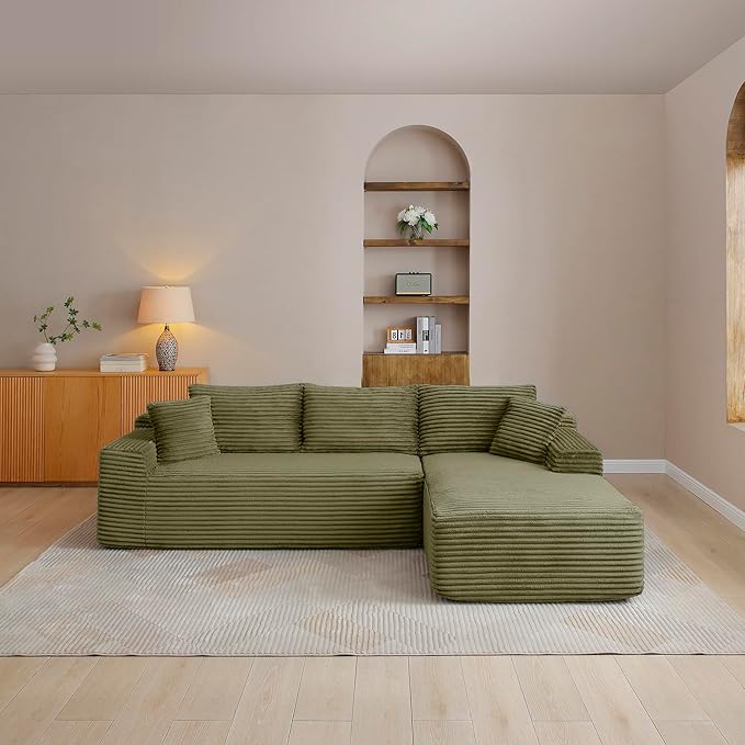 105-Inch L-Shaped Right Facing Corner Compressed Sofa Modular Sectional Boneless Cloud Sofa Floor Foam Couch with Chaise Lounge, Corduroy Corner Boneless Cloud Couch