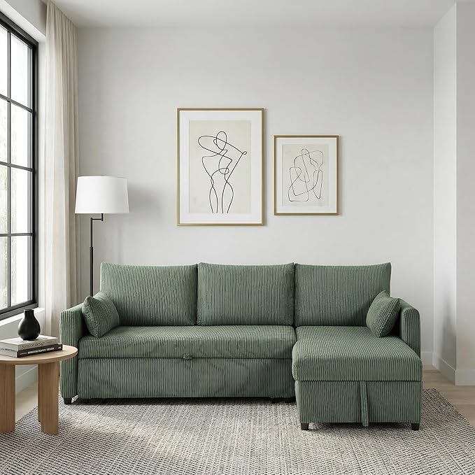 Casaphoria 85" Corduroy Sleeper Sofa with Pull Out Bed & Storage Chaise, L-Shaped Sectional Couch for Small Apartment, Living Room & Guest Room, 3-Seat Convertible Sofa Bed, Olive Drab