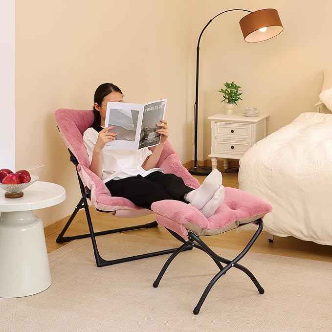 Comfy Saucer Chair for Adults, Soft Faux Fur Bedroom Chair, Accent Dorm Chairs, Flexible Living Room Reading Chairs, Oversized Folding Seat for Teens, X-Large, Dusky Pink