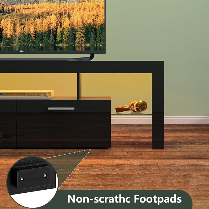 Clikuutory Modern Lighting 63 inch TV Stand with Large Storage Drawer for 50 55 60 65 70 75 Inch TVs, TV Console with 20 Color LED Lights, Entertainment Center Media and Open Shelf for Bedroom, Black - Image 7