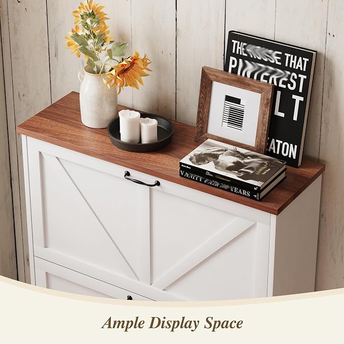 Semiocthome Farmhouse Shoe Storage Cabinet with 2 Flip Drawers, 31.5"(W) Freestanding Shoe Organizer with Barn Door and Metal Handles for Entryway, Rustic Narrow Slim Shoe Rack Cabinet - White - Image 7