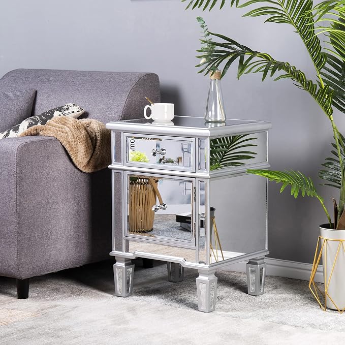 VINGLI Modern Nightstand Mirrored Bedside Table with 1 Drawer and 1 Cabinet Door for Bedroom, Silver - Image 2