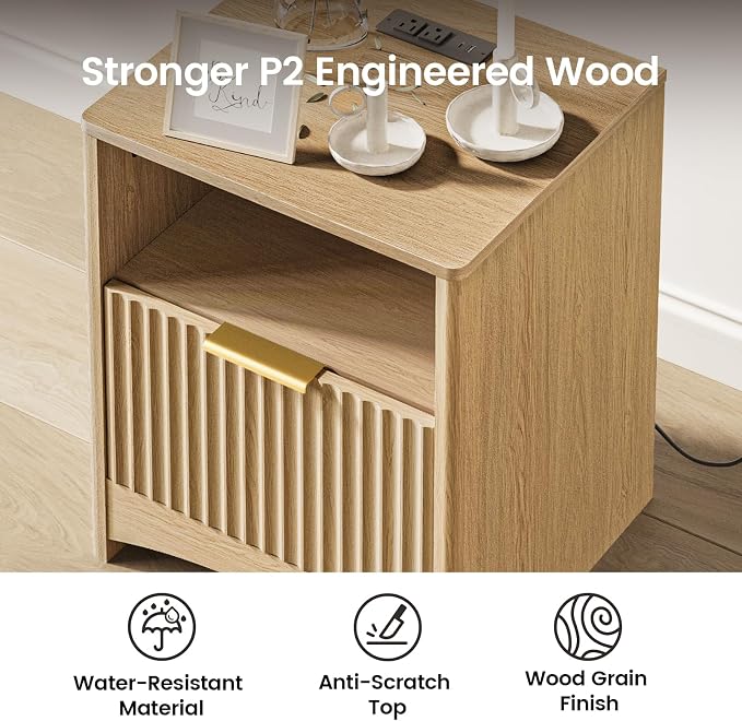 Amada Fluted Nightstand with Charging Station, Set of 2, Bedside Table with USB Ports & AC Outlets, Deep Drawer and Cable Management, Modern Side Table for Bedroom, Natural Oak - Image 3
