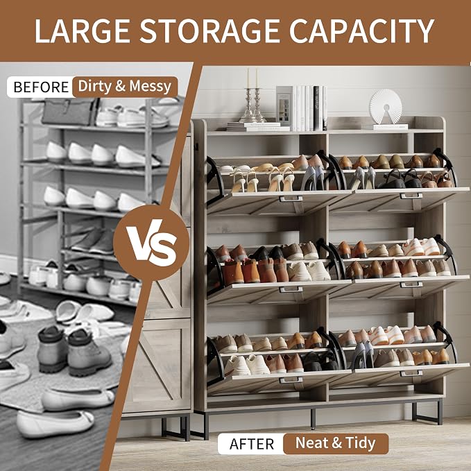 Shoe Cabinet with 6 Flip Drawers, Freestanding Hidden Shoe Storage Organizer for Entryway, Narrow Slim Shoe Rack Cabinet with Open Storage & Hooks for Front Door Entrance, Living Room, Hallway, Grey - Image 5
