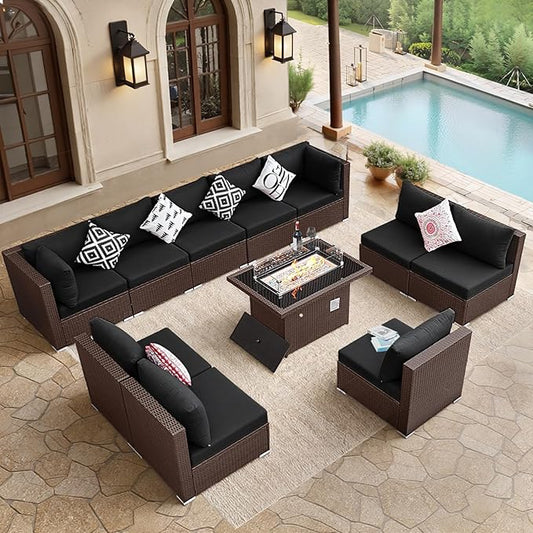 BULEXYARD 11 Piece High Back Wicker Patio Furniture Sets with Fire Pit, Luxury Extra Large Outdoor Seating Set, Comfortable Extra Wide Deep 10-Seater Sectional Couch Sofa for Outside, Brown & Black