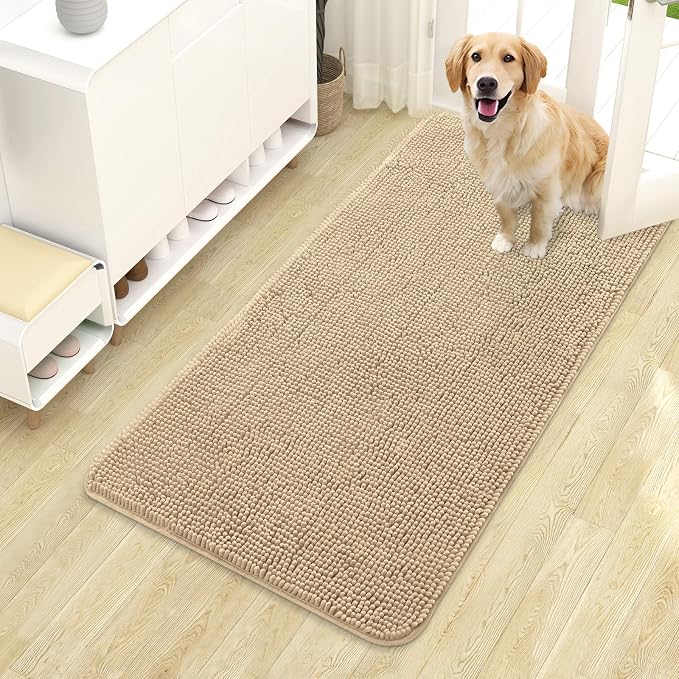 OLANLY Dog Door Mat for Muddy Paws 44x24, Absorbs Moisture and Dirt, Absorbent Non-Slip Washable Doormat, Quick Dry Chenille Mud Mat for Dogs, Entry Indoor Entryway Carpet for Inside Floor, Beige by OLANLY