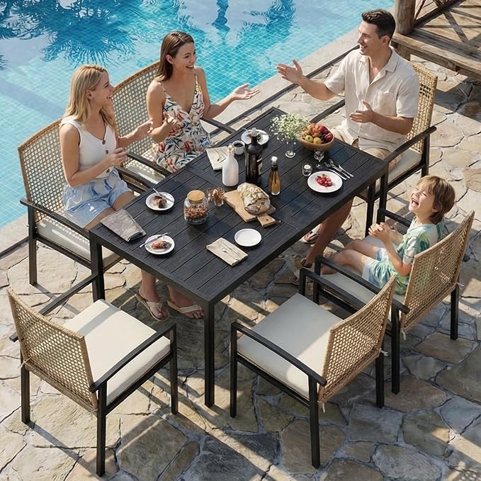 7-Piece Outdoor Dining Set for 6, Patio Dining Set with Hand-Woven Wicker Chairs & Cushions, 60" x 33" x 30" Wider Aluminum Woodgrain Table for Deck, Garden, Backyard by Rotihom