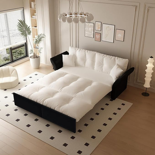 Eafurn 3-in-1 Convertible Sofa Bed Queen Size Pull Out Sleeper Sofa with Skin-Friendly Velvet Fabric, Multi-Functional Loveseat with Pillow Armrest for Guest Room & Living Room