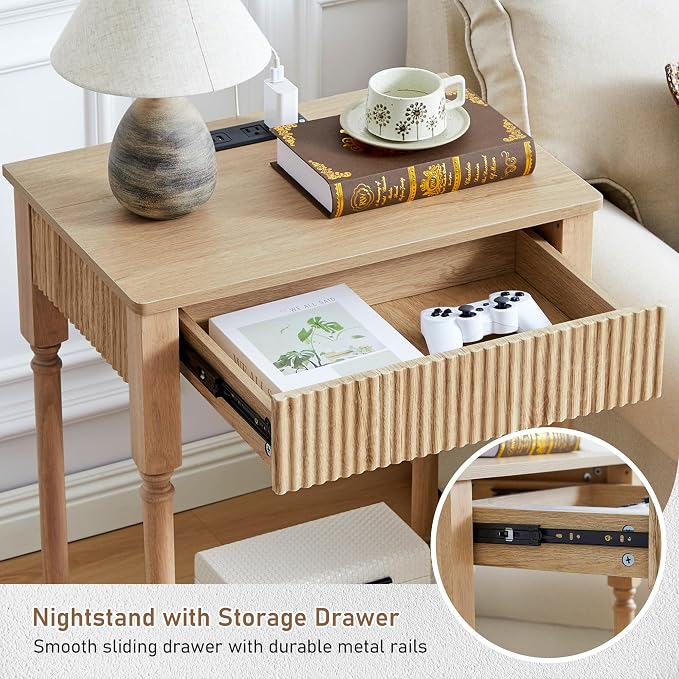 XUZENEST Fluted Nightstand with Charging Station, 23.6” Large Bed Side Table End Table with Drawer, Modern Mid Century Solid Wood Legs Night Stands Bedside for Bedroom Living Room Sofa Office, Natural - Image 6