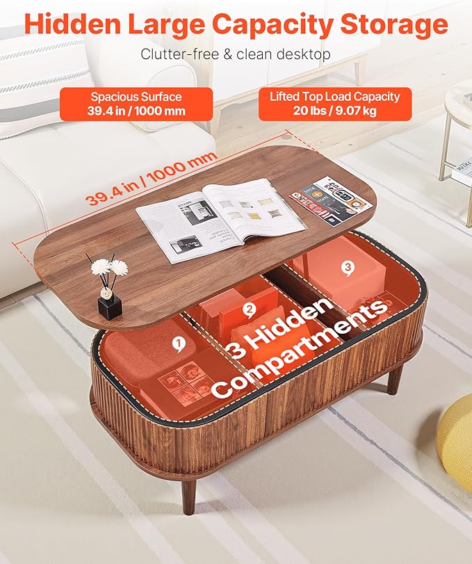VEVOR Fluted Lift Top Coffee Table, Oval Walnut Coffee Table with 3 Hidden Compartment, Mid Century Modern Wood Center Table with Storage, Lift up Tabletop for Home Living Room Office, Easy Assembly
