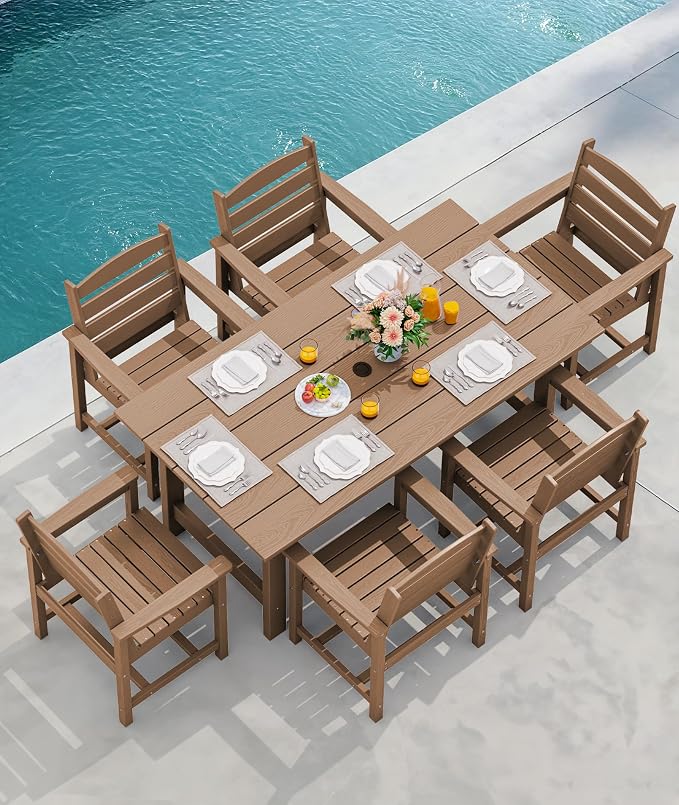 SERWALL 7-Piece Patio Outdoor Table & Chairs, HDPE Dining Set with Umbrella Hole & All-Weather Design for Lawn, Backyard, Poolside, Brown - Image 7