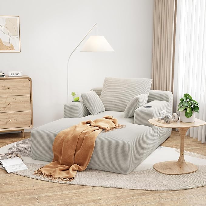 LIKIMIO 71.6" Oversized Chaise Lounge Chair Indoor with Cup Holders & Storage - Corduroy Sofa Bed for Living Room, Reading Nook, or Bedroom, No Assembly Cloud Couch (Greige) | Chaise Lounge Indoor, OEKO‑TEX corduroy, Cup holders|storage, CertiPUR‑US fo...