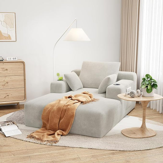 LIKIMIO 71.6" Oversized Chaise Lounge Chair Indoor with Cup Holders & Storage - Corduroy Sofa Bed for Living Room, Reading Nook, or Bedroom, No Assembly Cloud Couch (Greige) | Chaise Lounge Indoor, OEKO‑TEX corduroy, Cup holders|storage, CertiPUR‑US fo...