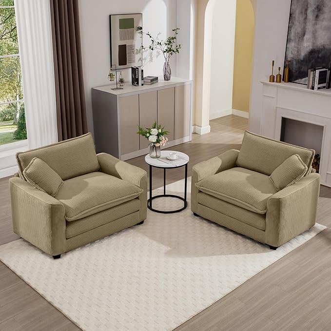 KEIKI 2-Piece Sofa Set with 2 Oversized Corduroy Single Sofa, Upholstered Modern 2-Seater Lounge Accent Chair Set with 2 Pillow, High-Density Foam Cushions, Removable Armrests, for Living Room, Tan