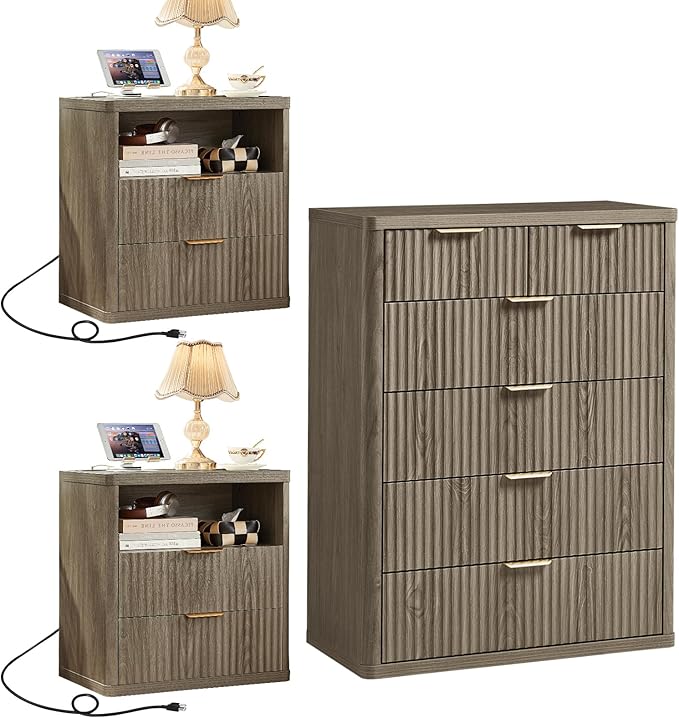 LEYAOYAO 42" Tall Fluted Dresser and 2 Drawers 23" Nightstand Set of 2, Wooden Dresser & Night Stand with Charging Station, 3 Piece Bedroom Furniture Set, Wood Chest of Drawer for Living Room,Grey
