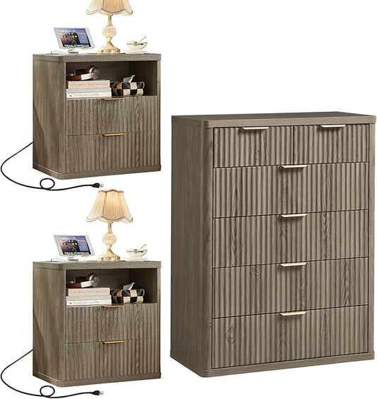 LEYAOYAO 42" Tall Fluted Dresser and 2 Drawers 23" Nightstand Set of 2, Wooden Dresser & Night Stand with Charging Station, 3 Piece Bedroom Furniture Set, Wood Chest of Drawer for Living Room,Grey