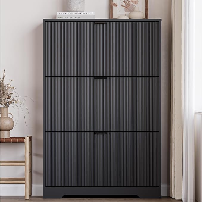 BORNOON Entryway Shoe Cabinet with 3 Flip Drawers, Narrow Shoe Organizer Cabinet with Fluted Panel and Adjustable Shelves for Foyer, Hallway - Image 6