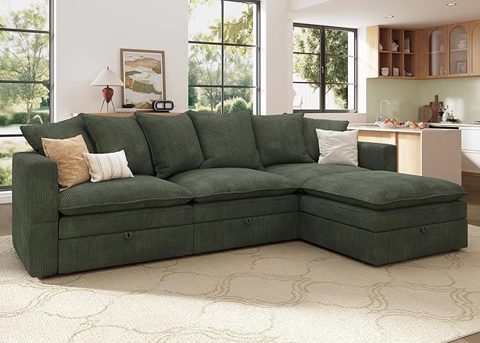 HONBAY Modular Sectional Sofa, 105.5 Inch Corduroy Sectional Couch, 4 Seaters L Shaped Sofa with Storage & Pillows for Living Room, Green